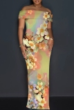 Blue Floral Print Sleeveless Backless Off Shoulder High Slit Floor Length Vacation Long Bodycon Maxi Dress