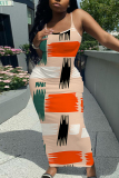 Rose Red Sleeveless Casual Graphcis Print Backless Spaghetti Strap Long Bodycon Maxi Slip Dress