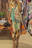 Pink Casual Street Letters Leopard V Neck A Line Short Sleeve Irregular Hem Vacation Midi Shirt Dress