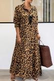 Casual Leopard Print Long Sleeve Buttons Long Plus Size Vacation A Line Maxi Shirt Dresses