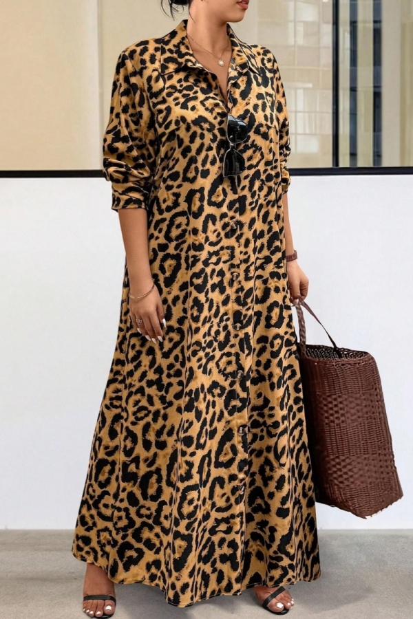 Casual Leopard Print Long Sleeve Buttons Long Plus Size Vacation A Line Maxi Shirt Dresses