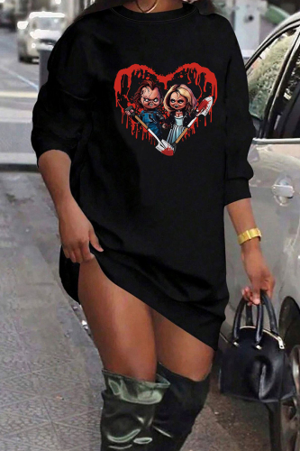 Black Casual Graphics Print O Neck Long Sleeve Fall Winter Straight Mini Sweatshirt Dresses