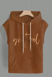 Dark Khaki Casual Graphcis Print Sleeveless Irregular Hem Oversize Hooded T-shirt