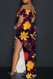 Light Purple Floral Print Sleeveless Backless Off Shoulder High Slit Floor Length Vacation Long Bodycon Maxi Dress