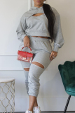Light Gray Casual Hollow Out Draw String Pocket Hooded Long Sleeve Sweatshirt And Sweatpants Sportwear Two Piece Jogger Sets