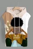 Khaki Casual Graphcis Print Sleeveless Irregular Hem Oversize Hooded T-shirt