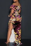 Blue Floral Print Sleeveless Backless Off Shoulder High Slit Floor Length Vacation Long Bodycon Maxi Dress