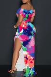 Light Purple Floral Print Sleeveless Backless Off Shoulder High Slit Floor Length Vacation Long Bodycon Maxi Dress