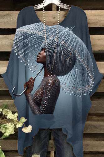 Navy Blue Casual Figure Print O Neck Batwing Sleeve Irregular Hem Oversize T-shirt