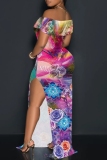 Light Purple Floral Print Sleeveless Backless Off Shoulder High Slit Floor Length Vacation Long Bodycon Maxi Dress