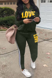 Green Casual Letter Print Long Sleeve Hooded Sweatshirt And Skinny Pants Sportwear Two Pieces Jogger Sets