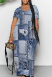 Dark Blue Faux Denim Print Pocket V Neck Short Sleeve Plus Size Loose Straight Maxi Dresses