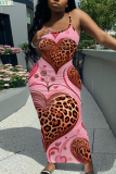 Black Red Sleeveless Casual Love Print Backless Spaghetti Strap Long Bodycon Maxi Slip Dress