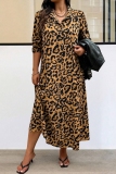 Casual Leopard Print Long Sleeve Buttons Long Plus Size Vacation A Line Maxi Shirt Dresses