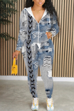 Blue Khaki Casual Faux Denim Print Hooded Long Sleeve Zipper Jackets And Sweatpants Sportwear Two Pieces Jogger Sets