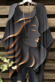 Grey Casual Figure Print O Neck Batwing Sleeve Irregular Hem Oversize T-shirt