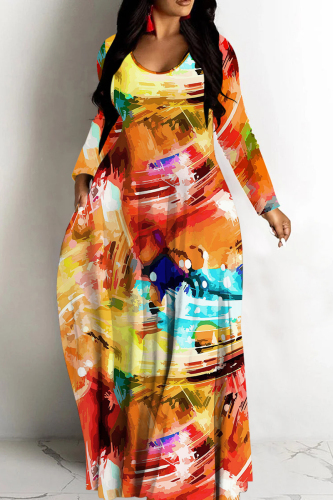 Dark Purple Graphcis Print Long Sleeve Floor Length Loose Vacation Baggy Maxi Dress