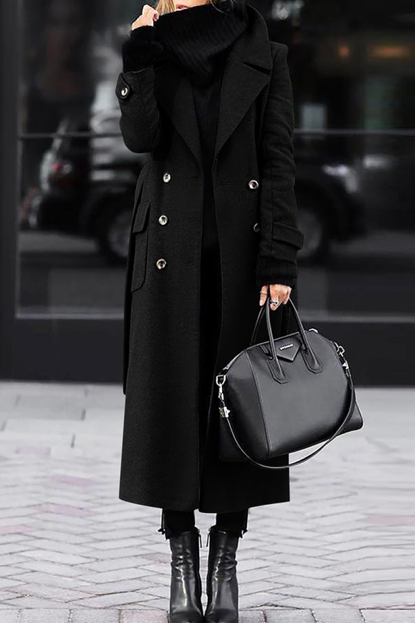 Dark Gray Casual Turn-back Collar Long Sleeve Pocket Buttons Longline Woolen Coat