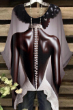 Dark Brown Casual Figure Print O Neck Batwing Sleeve Irregular Hem Oversize T-shirt