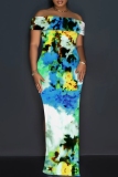 Blue Floral Print Sleeveless Backless Off Shoulder High Slit Floor Length Vacation Long Bodycon Maxi Dress