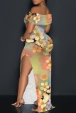 Blue Floral Print Sleeveless Backless Off Shoulder High Slit Floor Length Vacation Long Bodycon Maxi Dress
