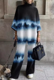 Rose Red Casual Floral Print Turtleneck Long Sleeve Blouse And Wide Leg Pants Vacation Two Pieces Trouser Set