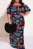 Orange Halloween Skull Pumpkin Print Off Shoulder Flutter Sleeve Casual Plus Size Loose Maxi Dresses