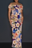 Blue Floral Print Sleeveless Backless Off Shoulder High Slit Floor Length Vacation Long Bodycon Maxi Dress