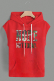 Dark Khaki Casual Graphcis Print Sleeveless Irregular Hem Oversize Hooded T-shirt