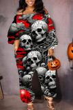 Purple Casual Halloween Skull Head Print Off Shoulder Long Sleeve Vacation Loose Harem Jumpsuit