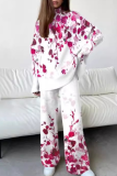 Rose Red Casual Floral Print Turtleneck Long Sleeve Blouse And Wide Leg Pants Vacation Two Pieces Trouser Set
