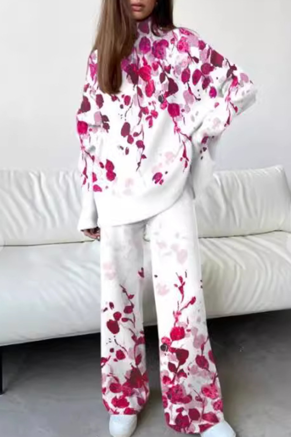 Rose Red Casual Floral Print Turtleneck Long Sleeve Blouse And Wide Leg Pants Vacation Two Pieces Trouser Set
