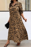 Casual Leopard Print Long Sleeve Buttons Long Plus Size Vacation A Line Maxi Shirt Dresses