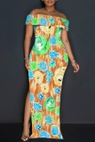Light Purple Floral Print Sleeveless Backless Off Shoulder High Slit Floor Length Vacation Long Bodycon Maxi Dress