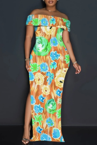 Light Purple Floral Print Sleeveless Backless Off Shoulder High Slit Floor Length Vacation Long Bodycon Maxi Dress