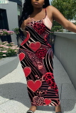 Black Red Sleeveless Casual Love Print Backless Spaghetti Strap Long Bodycon Maxi Slip Dress