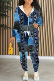 Blue Khaki Casual Faux Denim Print Hooded Long Sleeve Zipper Jackets And Sweatpants Sportwear Two Pieces Jogger Sets