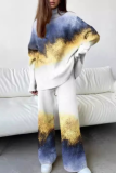 Rose Red Casual Floral Print Turtleneck Long Sleeve Blouse And Wide Leg Pants Vacation Two Pieces Trouser Set