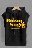 Dark Khaki Casual Graphcis Print Sleeveless Irregular Hem Oversize Hooded T-shirt
