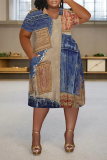Light Blue Casual Faux Denim Print Pocket V Neck Short Sleeve Plus Size Straight Midi Dresses