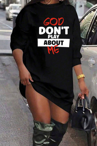 Black Casual Letter Print O Neck Long Sleeve Straight Mini Sweater Dresses