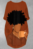 Brown Casual Figure Print O Neck Long Sleeve Loose Midi T-shirt Dresses