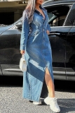 Light Blue Casual Turndown Collar Long Sleeve High Waist Buttons Slit Denim Maxi Shirt Dresses