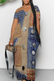 Dark Blue Faux Denim Print Pocket V Neck Short Sleeve Plus Size Loose Straight Maxi Dresses