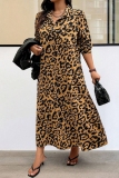 Casual Leopard Print Long Sleeve Buttons Long Plus Size Vacation A Line Maxi Shirt Dresses