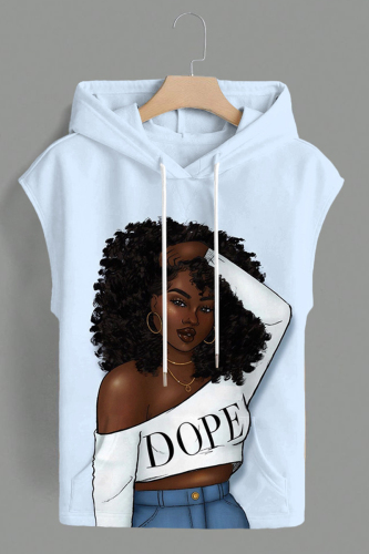Dark Khaki Casual Graphcis Print Sleeveless Irregular Hem Oversize Hooded T-shirt