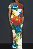 Blue Floral Print Sleeveless Backless Off Shoulder High Slit Floor Length Vacation Long Bodycon Maxi Dress