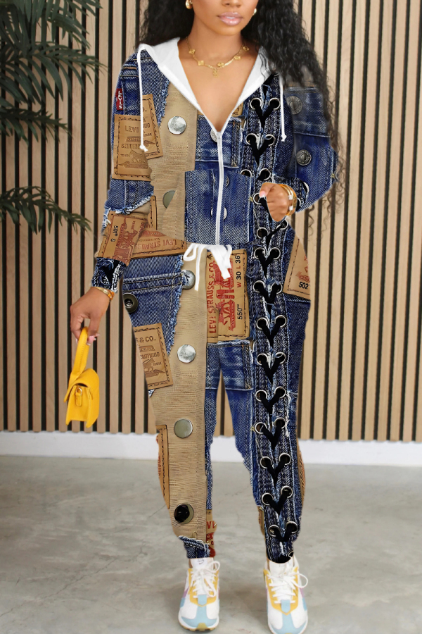 Blue Khaki Casual Faux Denim Print Hooded Long Sleeve Zipper Jackets And Sweatpants Sportwear Two Pieces Jogger Sets