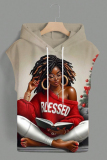 Khaki Casual Graphcis Print Sleeveless Irregular Hem Oversize Hooded T-shirt