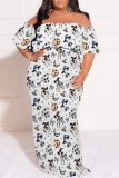 Orange Halloween Skull Pumpkin Print Off Shoulder Flutter Sleeve Casual Plus Size Loose Maxi Dresses